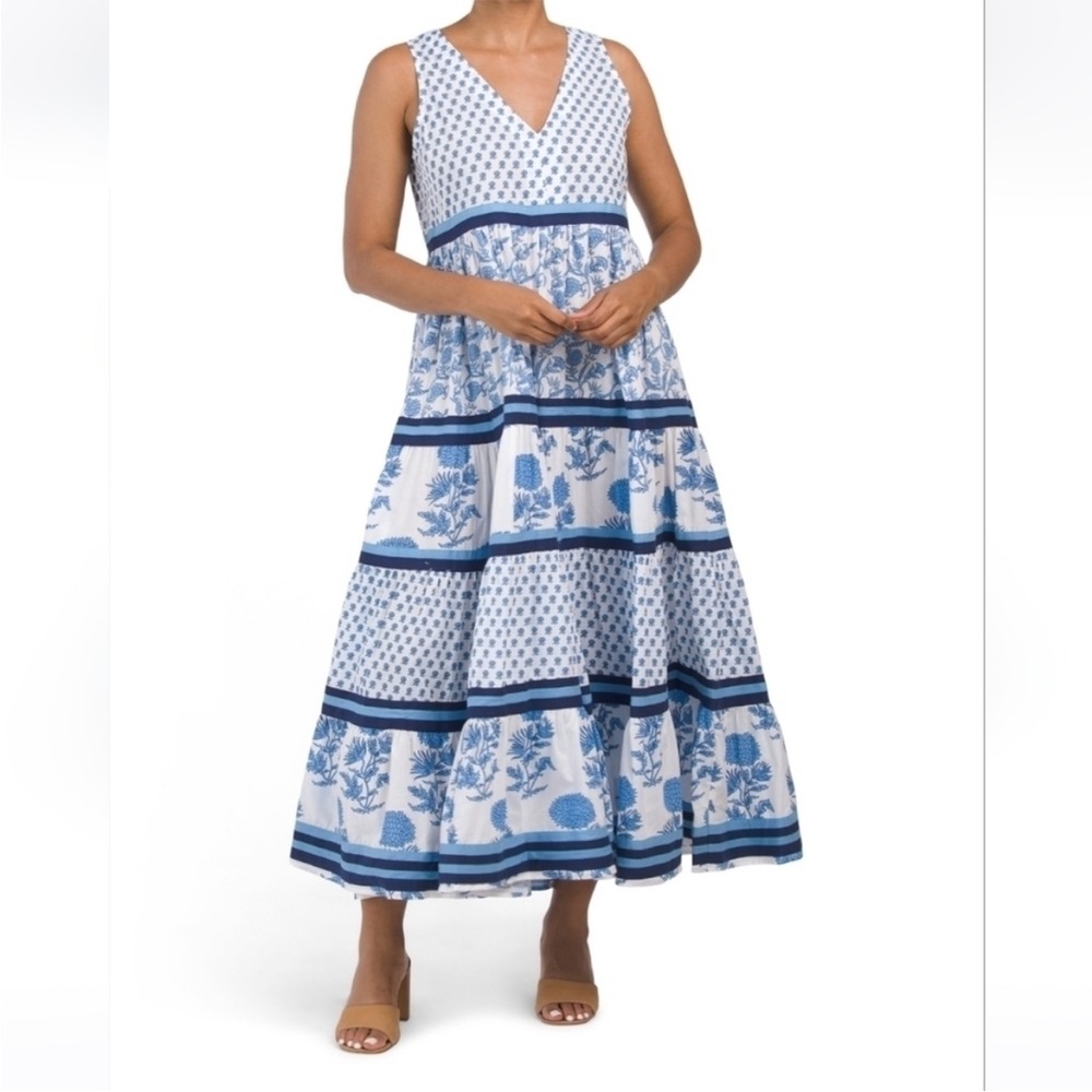 Chelsea and Theodore blue and white maxi dress.